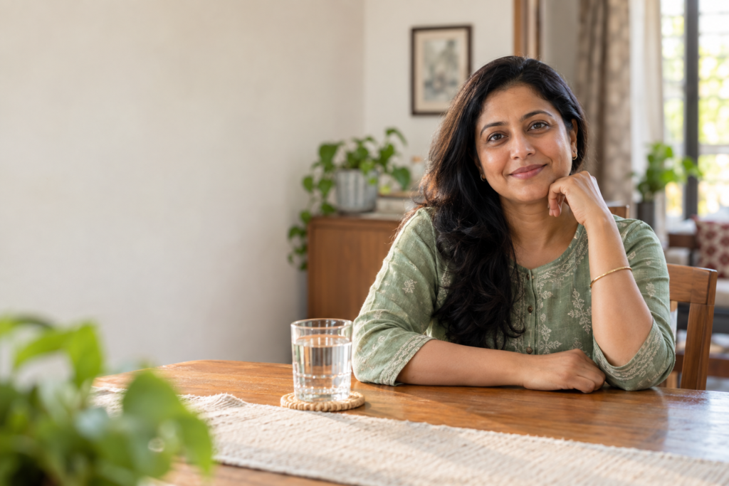 Indian woman with a gentle smile in a bright home setting