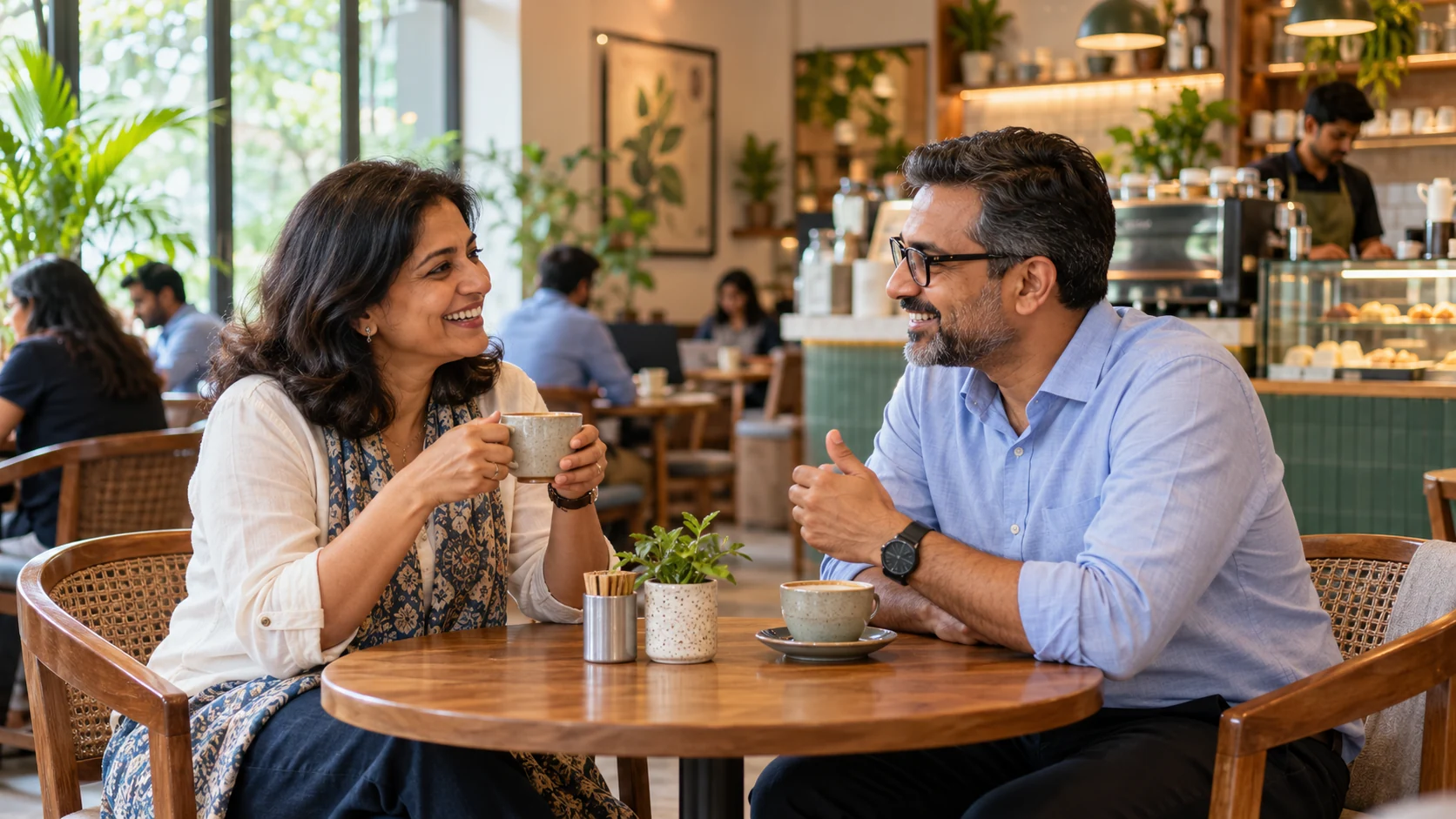 Coffee, Sleep and Afternoon Energy Dips: Six Things to Know 2 Two Indian working professionals enjoying coffee and conversation in a cafe