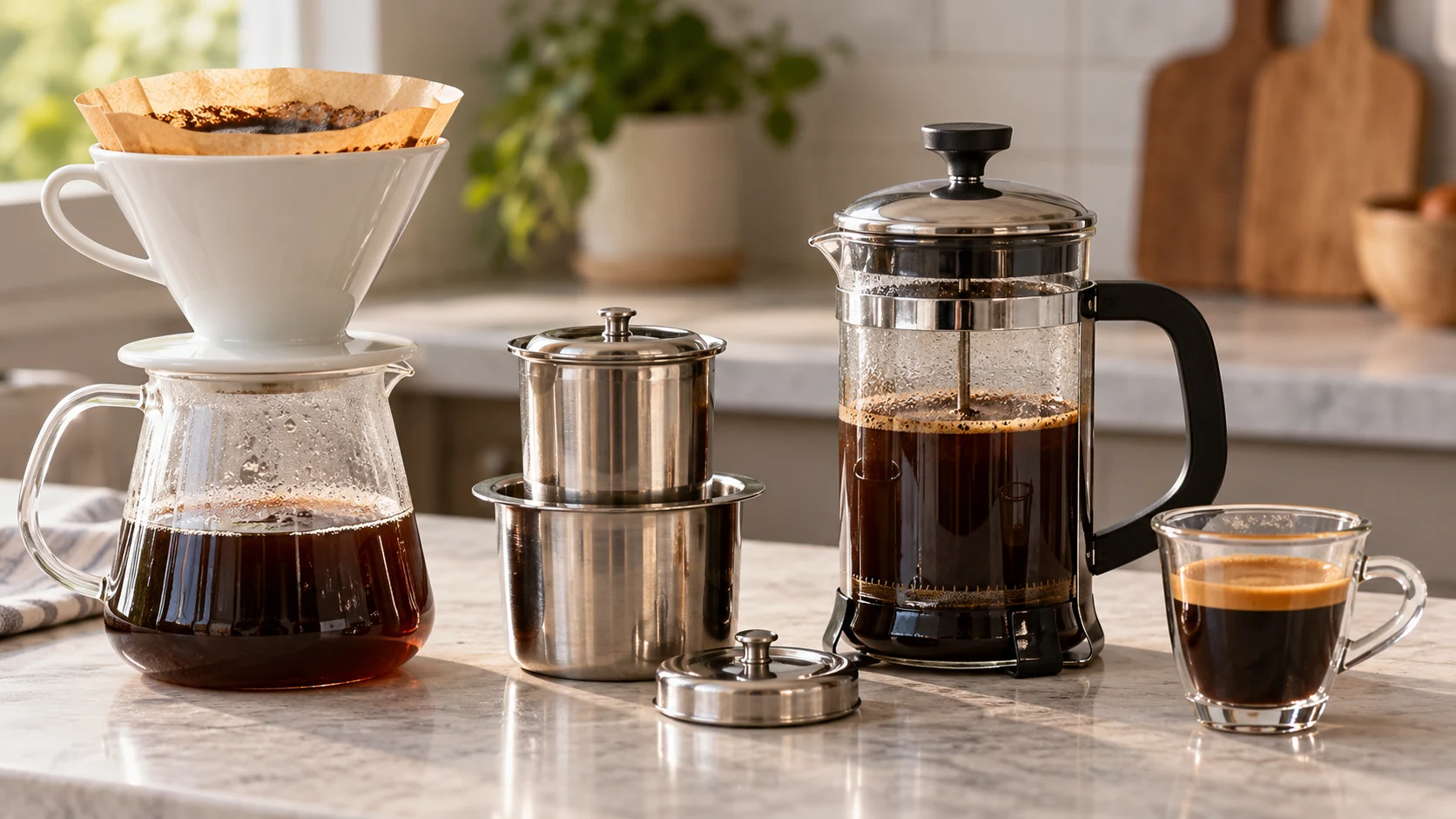 Coffee, Sleep and Afternoon Energy Dips: Six Things to Know 1 Paper pour-over dripper, South Indian steel coffee filter, French press and espresso cup