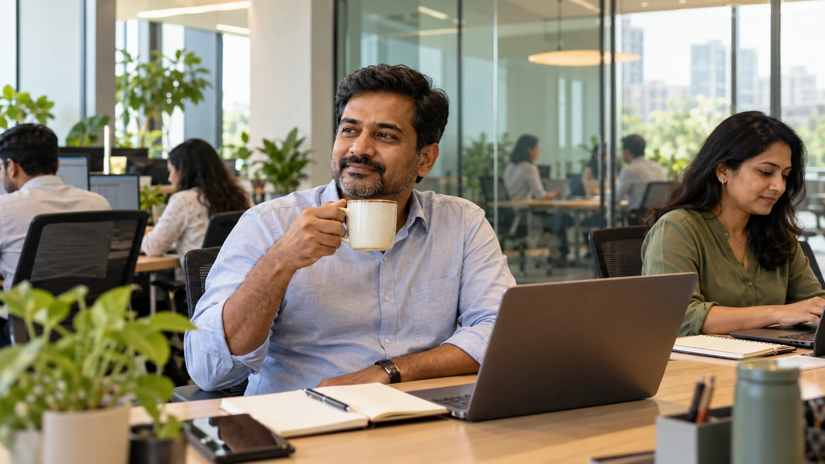 An Indian professional enjoying a coffee break at his laptop in a contemporary office