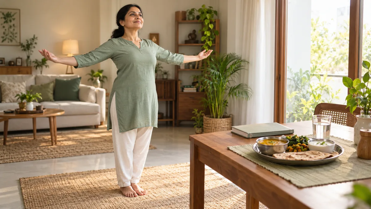 Weight Regain After Ozempic or Mounjaro: Can Ayurveda Help With Long-Term Weight Management? 1 Illustration of an Indian woman practising gentle movement at home beside a balanced Indian meal.